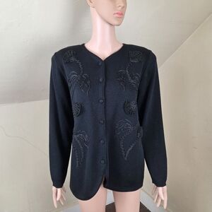 Arlette Nastat Black Embroidered Wool Blend Cardigan Made in Italy Women’s L